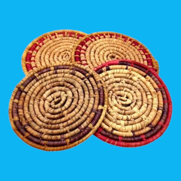 4 Handcrafted Vintage African Coil Basket Woven Wicker Rattan Trivets Wall Decor - Picture 3 of 16